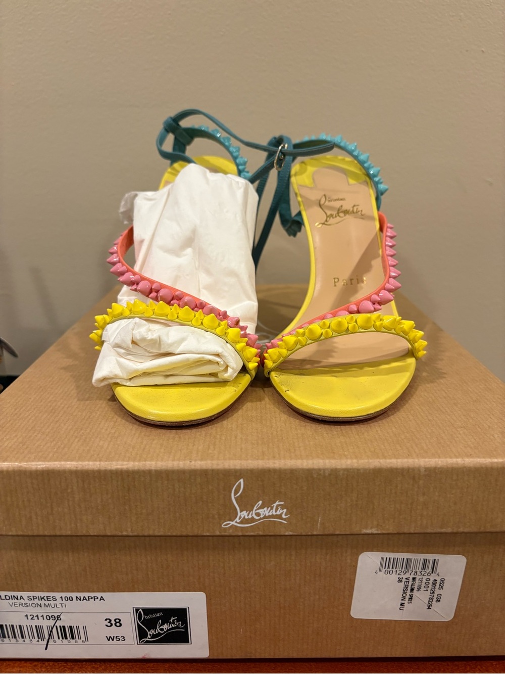 Christian Louboutin Multicolor Spiked Sandals - Yellow, Pink & Teal